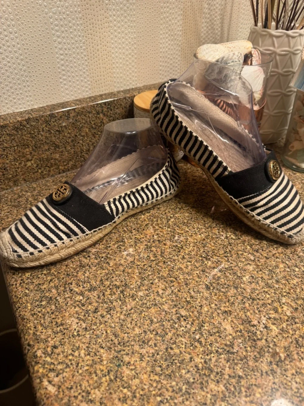Tory Burch Black and White Striped‎ Espadrille Loafers with Gold Logo Size 9